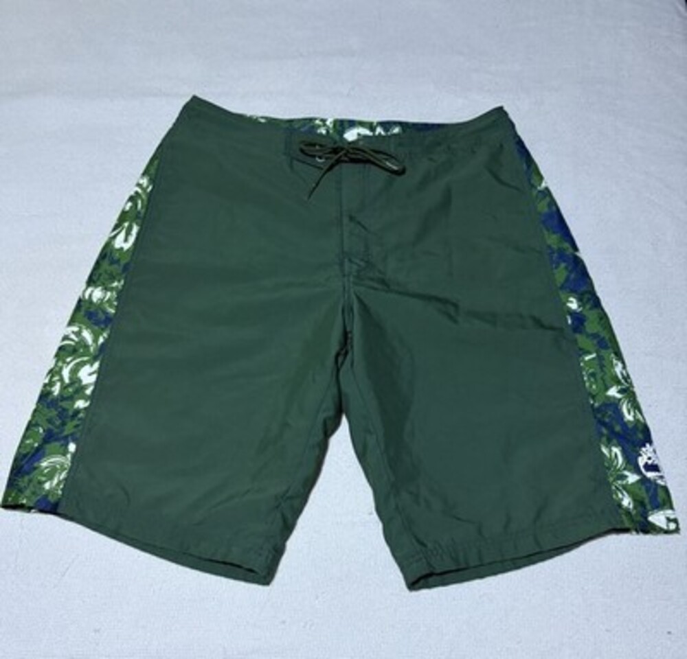 Vintage Timberland Board Shorts Mens 35 Green Floral Y2K Mesh Swim 90s